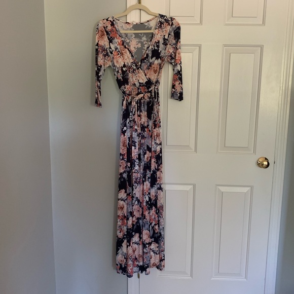 Navy Blue Floral Maxi Wrap Dress - Picture 5 of 5